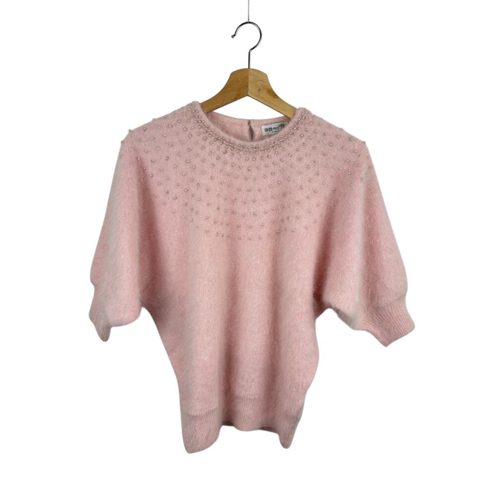 VTG Pink Angora Sweater with Pearl Beads